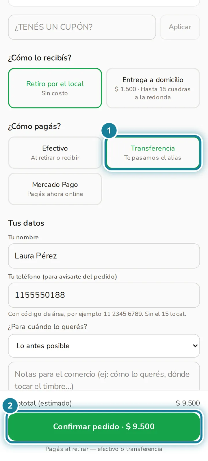 Parte de abajo del pedido con las formas de pago; el botón Confirmar pedido está marcado.