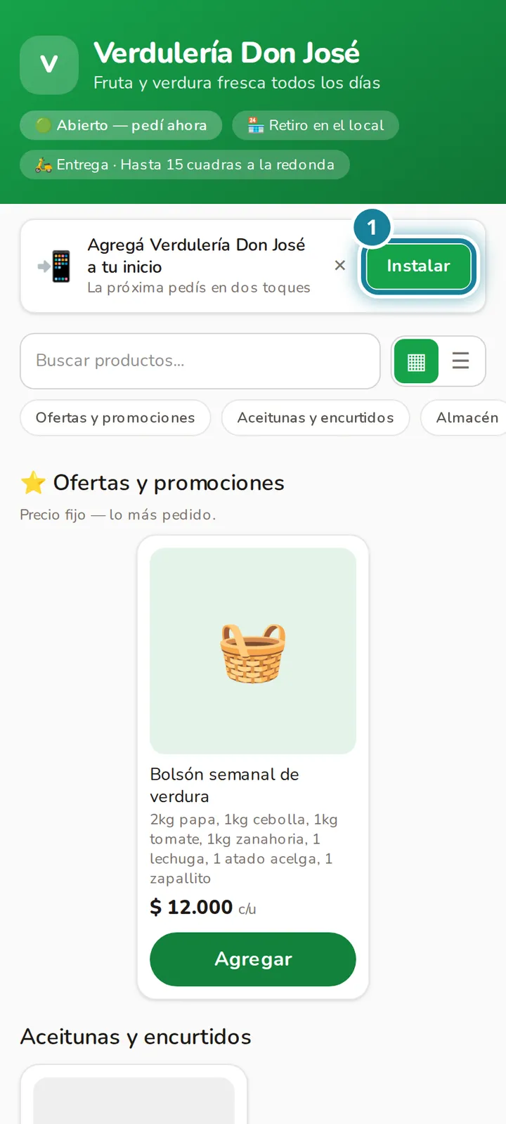 Cartel para agregar la tienda al inicio con el botón Instalar marcado.