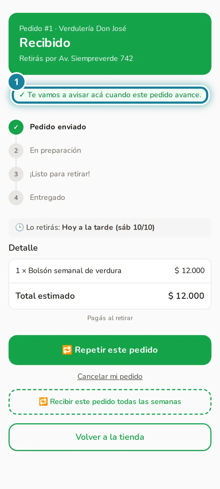 Avisos del pedido activados, marcado.