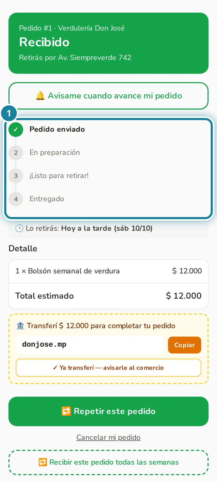 Seguimiento del pedido con los pasos; el primero está marcado.